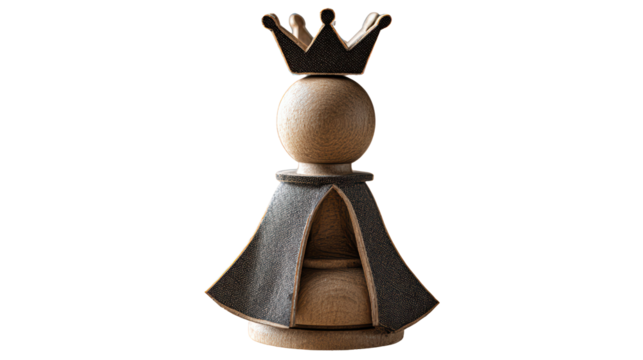 Wooden King Figurine with Crown and Cloak, Leadership and Authority Concept