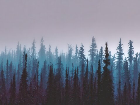 Misty evergreen forest landscape at dawn
