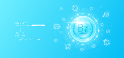 Synthetic natural vitamin B7 in hexagonal dome blue. Surrounded by fruit, vegetable, syringe, pills and IV bag icons. Chemical structure of Biotin. Medical scientific concepts. Vector.