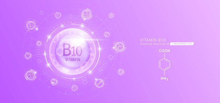 Synthetic natural vitamin B10 in hexagonal dome purple. Surrounded by fruit, vegetable, syringe, pills and IV bag icons. Chemical structure of 4-Aminobenzoic acid. Medical scientific concepts. Vector.
