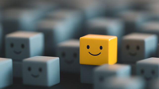 A sunny disposition can stand out in a crowd! This image features a vibrant yellow cube with a happy face, surrounded by muted gray cubes with similar smiles. It's about positivity.