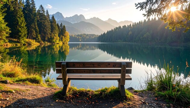 Tranquil lake view from a bench, surrounded by trees and mountains in the distance, bathed in warm sunlight