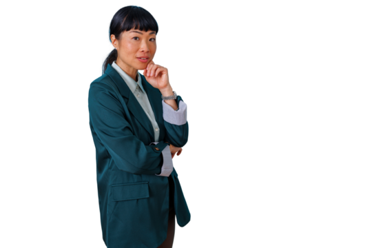 Asian woman businesswoman posing with hand on chin, thoughtful and confident, wearing a blazer, transparent background
