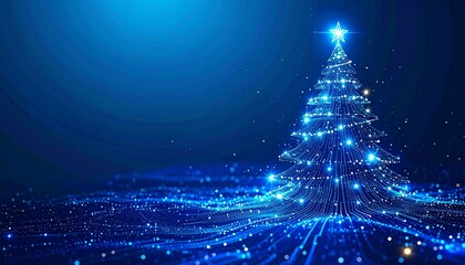 A blue background with an abstract Christmas tree made of glowing digital circuit patterns, symbolizing the holiday season in technology and computer science. Christmas card bright