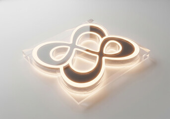 A sleek metallic 3D geometric emblem, mounted on a minimalist wall. This modern design embodies digital interface concepts and financial technology advancements