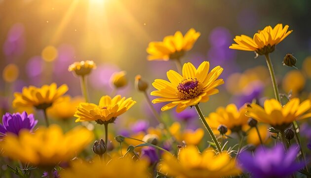 Sunny field of yellow and purple wildflowers in bloom, illuminated by soft sunlight and bokeh - Powered by Adobe