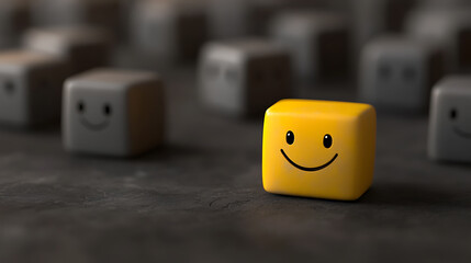 A yellow cube with a smiling face stands out among gray cubes. Symbolizing positivity, optimism, and standing out from the crowd with a bright, cheerful attitude.