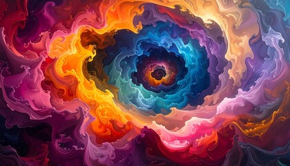Swirling rainbow smoke forms a vortex; a dreamy abstract cloudscape of vibrant hues converging in the center