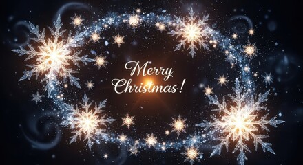 Glowing Christmas background with “Merry Christmas!” text and snowflakes on dark background — ideal for holiday, festive and design content.