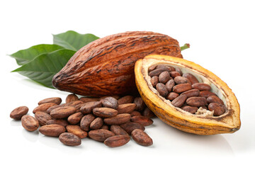 Fresh cocoa pods, one split open to reveal cocoa beans