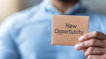 A man in a blue shirt holds a square card that says "New Opportunity." This portrays ambition, progress, and professional growth, suggesting exploration and future ventures.