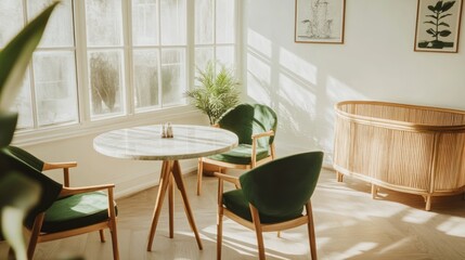 Bright dining area with table and chairs near window, cozy cafe for gatherings