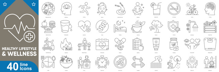 Healthy lifestyle and wellness icons set. Fitness, nutrition, self-care, mindfulness, heart health, hydration, and balanced living vector illustration