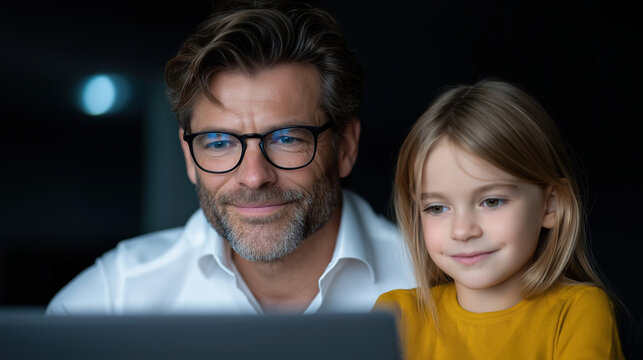 Father and daughter enjoy time together while watching a screen