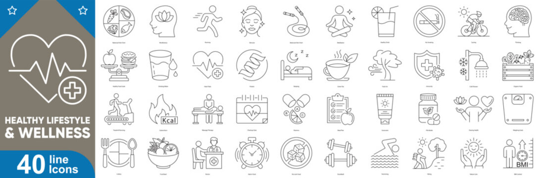 Healthy lifestyle and wellness icons set. Fitness, nutrition, self-care, mindfulness, heart health, hydration, and balanced living vector illustration - Powered by Adobe