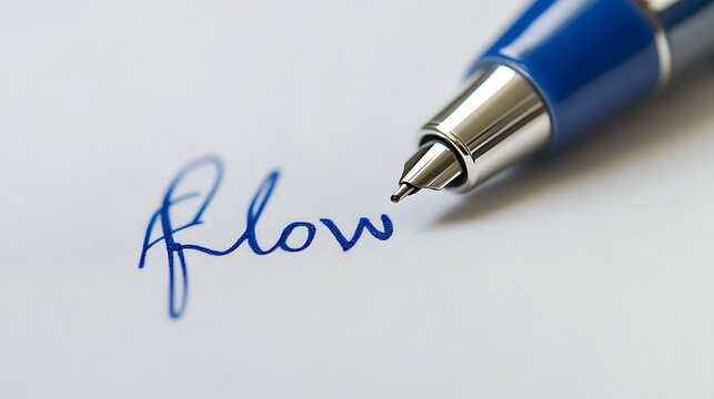 A blue pen writes the word "flow" in elegant cursive on crisp white paper, capturing the fluidity of thought and expression. The image embodies the art of writing.