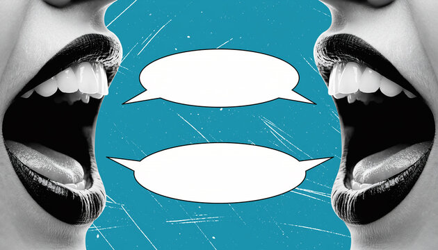 Two mouths open in conversation with speech bubbles on a textured blue background talking Modern Digital Business Solution and Corporate Efficiency Concept