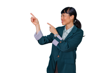 Asian businesswoman smiling, confidently pointing and gesturing, showing direction or presentation, transparent background