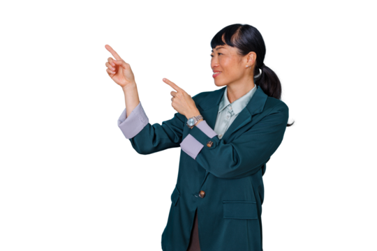 Asian businesswoman smiling, confidently pointing and gesturing, showing direction or presentation, transparent background