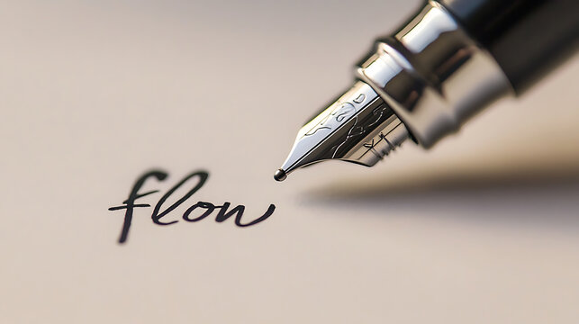 Close-up shot of a fountain pen elegantly writing the word "flow" on creamy paper. The metallic nib catches the light, showcasing precision and creativity in every stroke.