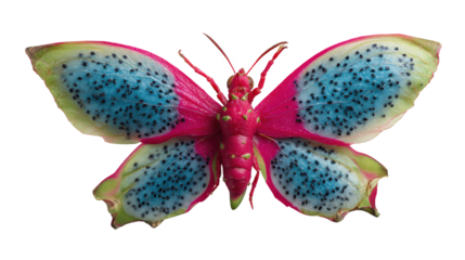 Surreal Butterfly with Dragon Fruit Wings, Creative Food-Insect Hybrid Isolated on White