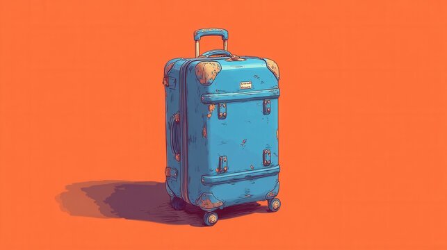 Vintage blue suitcase travel concept on orange background