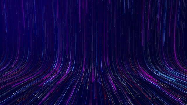 Big data light speed flow. Abstract digital data stream of quantum computing. Cyberspace trail waves. Modern tech . Cyber Big Data Flow Particles Digital Neural Network. AI Artificial Intelligence