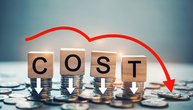 Wooden blocks spelling COST on coin stacks with a red arrow showing a sharp decrease Modern Digital Business Solution and Corporate Efficiency Concept