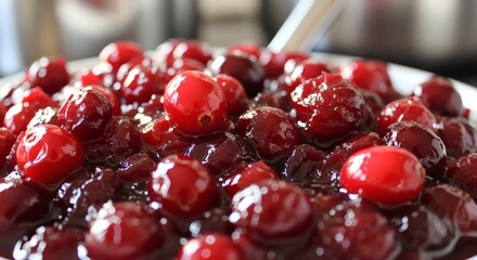 Closeup of a bowl of delicious homemade cranberry sauce with fresh cranberries and rosemary garnish for eat a cranberry day