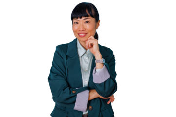 Confident asian businesswoman smiling and posing, hand on her chin, thinking about business success, on transparent background