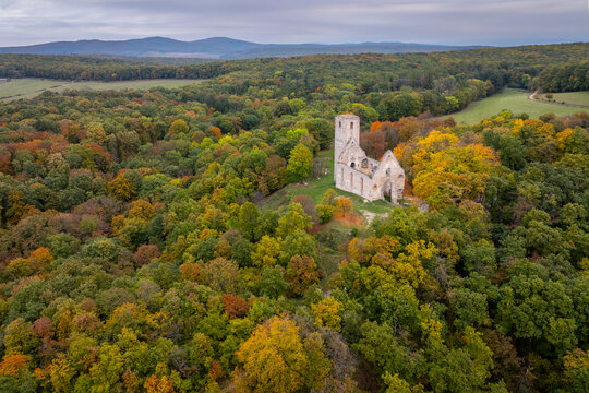 Aerial View of the Katar&iacute;nka Monastery and Church Ruins of St. Catherine Surrounded by Autumn Forests in the Little Carpathians, Slovakia