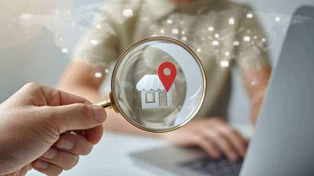 Discovering new business locations globally through digital search and analysis with a magnifying glass focusing on a store pin icon and network connections.