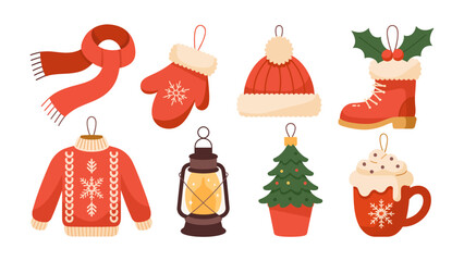 Holiday Ornament Collection: A delightful ensemble of festive ornaments, including a scarf, mitten, cap, boot, sweater, lantern, tree, and cocoa, evoke the magic and coziness of the holiday season.