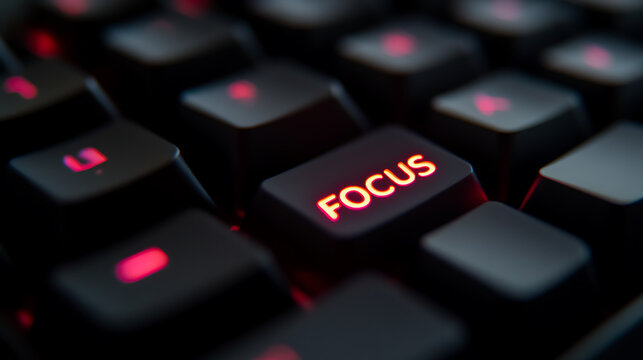 Close-up of the keyboard showcasing an illuminated 'FOCUS' key. Captures the essence of concentration, precision, and digital workspace solutions. The dark mode adds a professional touch. - Powered by Adobe