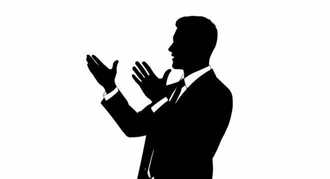 Silhouette of a businessman gesturing with hands during a presentation or speech.
