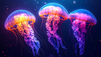 Three luminous jellyfish float in deep, dark blue water, their tentacles trailing