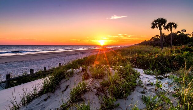 Sunset on a sandy beach with dune grass and palm trees, orange sky, calm water, and wooden barriers - Powered by Adobe