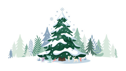 Festive Winter Forest: A vibrant illustration showcasing a collection of snow-laden firs and pines, perfectly capturing the essence of the winter season and the spirit of the holidays.