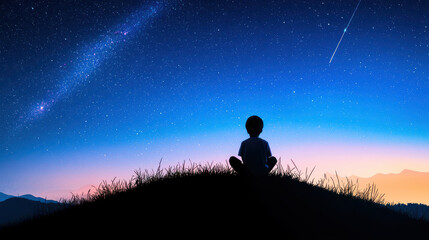 Child sits peacefully hilltop, gazing starry night sky filled with twinkling stars and shooting star. serene atmosphere evokes sense of wonder