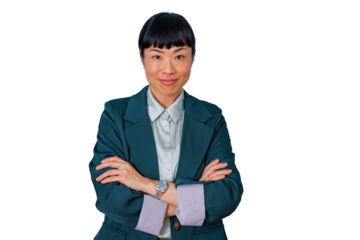 Asian businesswoman with crossed arms presenting confidence and professionalism, standing with transparent background