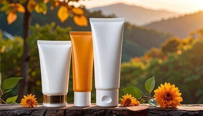 Three lotion tubes stand on wood before a scenic mountain landscape in warm sunlight