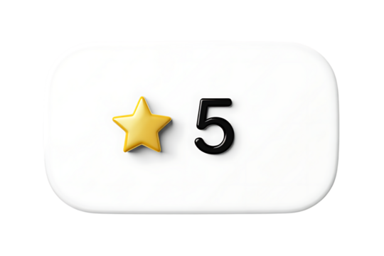 3d icon of a single yellow star and the number 5 on a transparent background, representing a fivestar rating or review