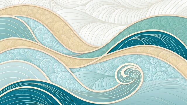 Stylized Ocean Waves in Blue and Beige – Abstract Illustration, Decorative Fluidity, Layered Textures, Swirling Motion, Coastal Palette, Artistic Design
