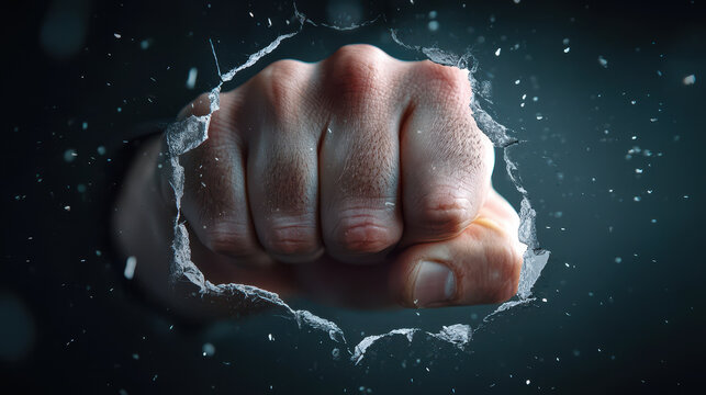 Powerful fist breaking through surface, showcasing strength and determination. image captures dynamic energy of moment, emphasizing impact