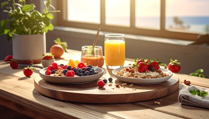 Sunny, fruit-filled breakfast granola, berries, juice, on a wooden table near a window with ocean view