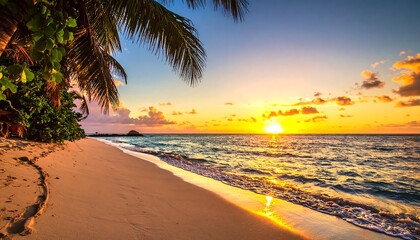 Sunset on a sandy beach with palm trees silhouetted against the vibrant sky and shimmering water