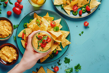 Mexican Snacks Flatlay with Nachos and Salsa on Teal Background, Generative AI