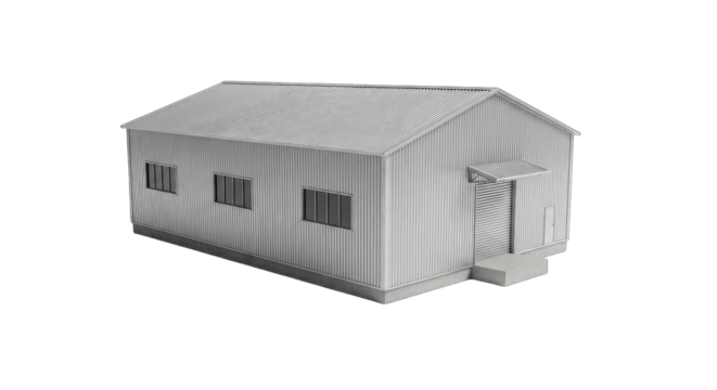 Modern Gray and White Striped Building with Transparent Background and Angular Architectural Design Illuminated by Soft Lighting