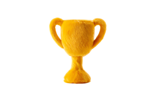 3d icon of a fuzzy yellow trophy cup on a transparent background, representing victory, achievement, and winning an award or competition
