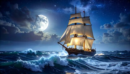 Tall ship sails across a choppy ocean under a full moon, amidst scattered clouds and a starry night sky